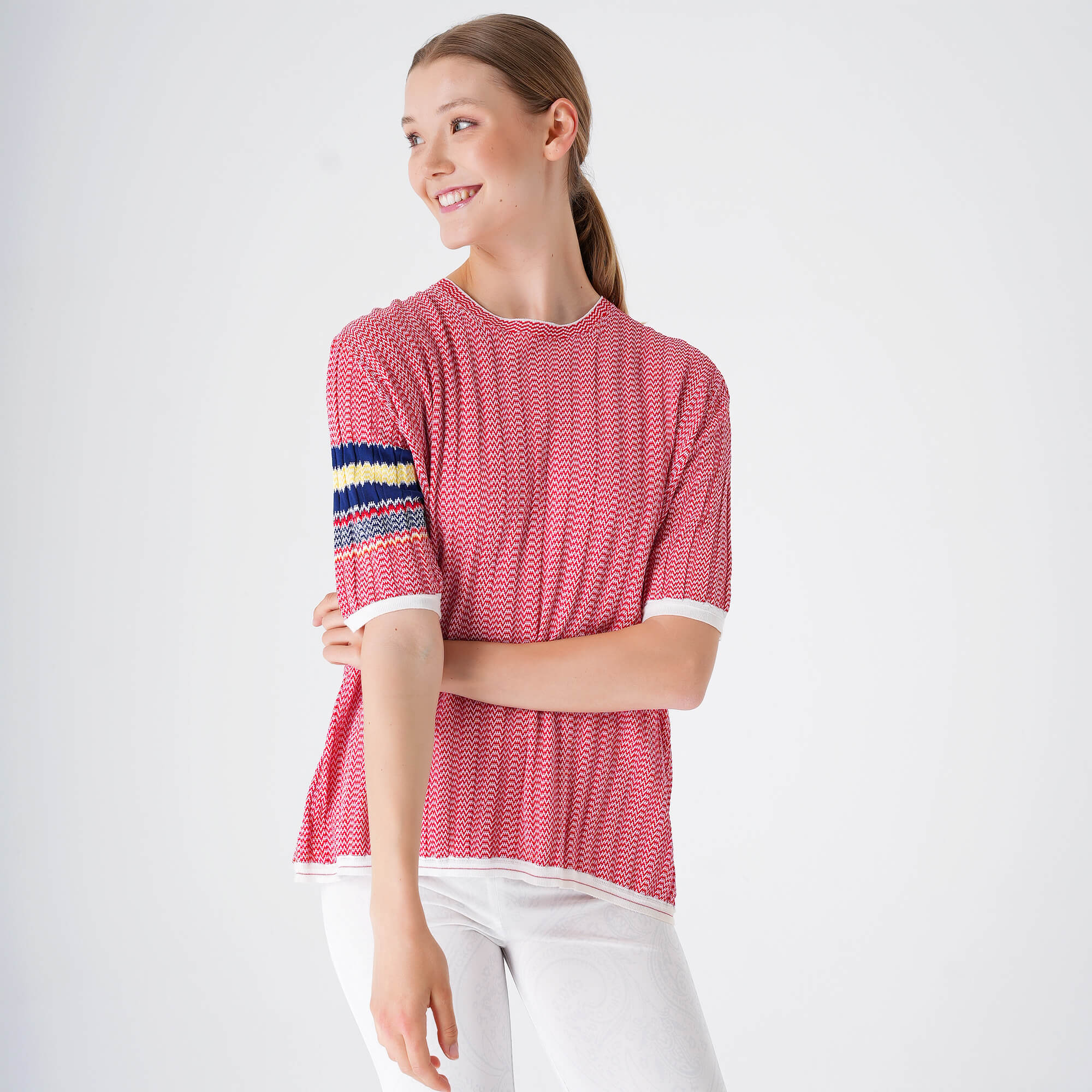 Celine - Red & White Striped Zigzag Viscose T-shirt